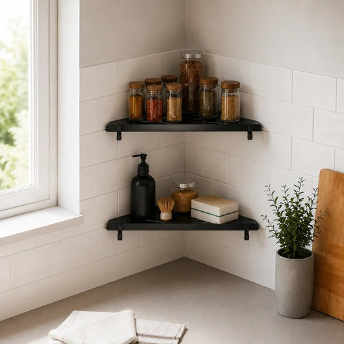 Black Wall-Mounted Corner Bathroom Shelf