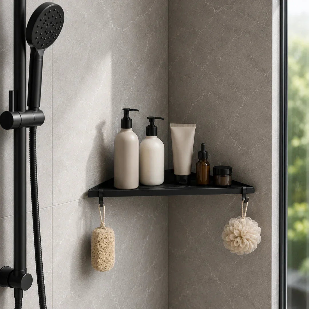 Black Wall-Mounted Corner Bathroom Shelf