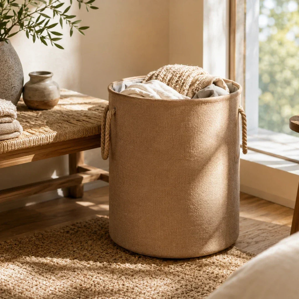 Foldable Woven Linen-Look Laundry Hamper