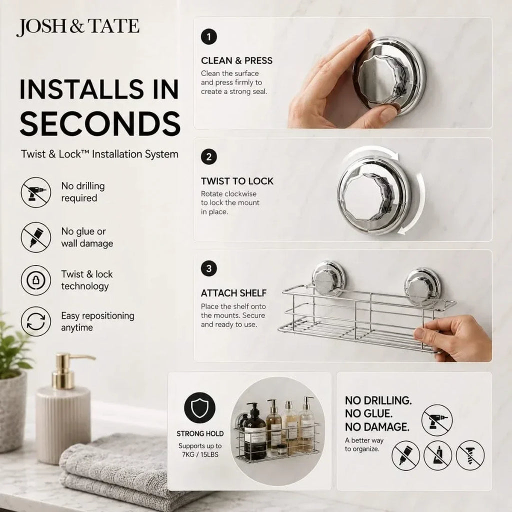 Compact No-Drill Wire Shower Basket