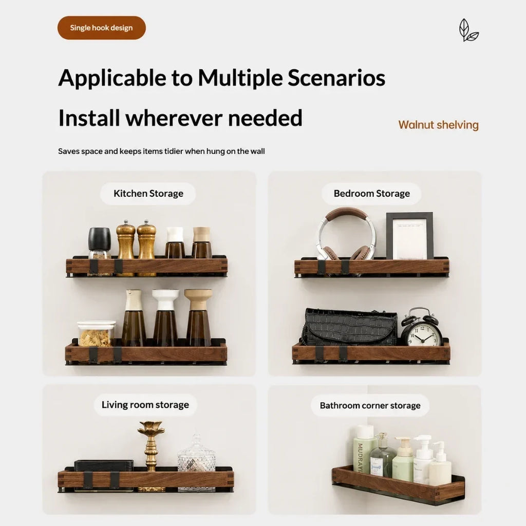 Solid Wood Wall Shelf with Two Hooks