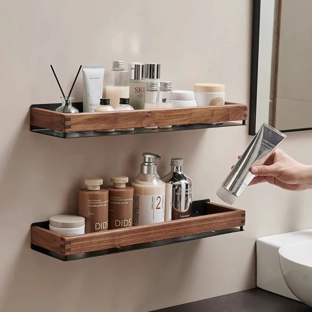 Solid Wood Wall Shelf with Two Hooks