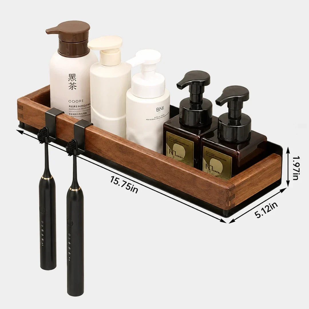 Solid Wood Wall Shelf with Two Hooks