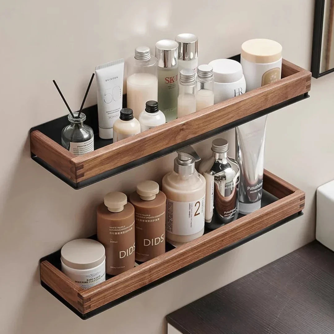 Solid Wood Wall Shelf with Two Hooks