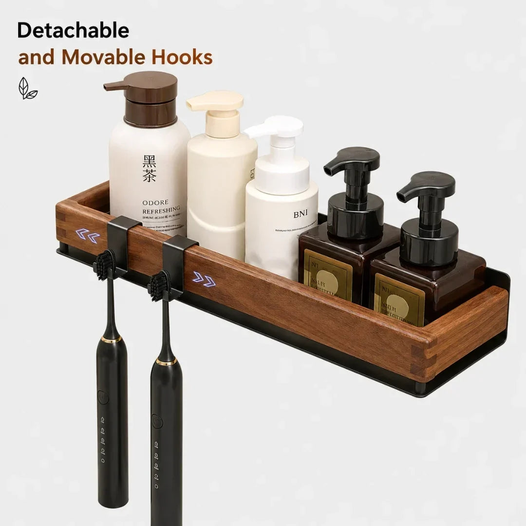 Solid Wood Wall Shelf with Two Hooks