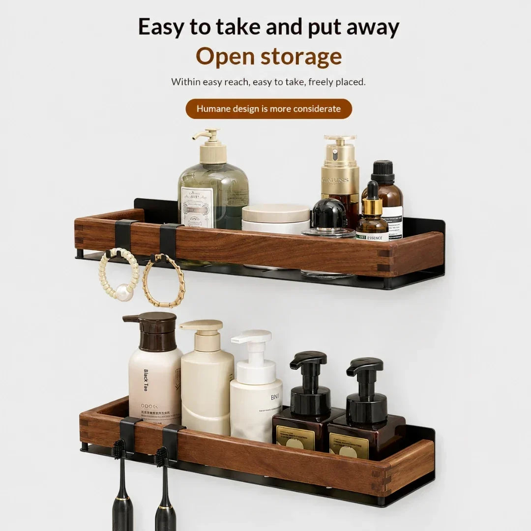 Solid Wood Wall Shelf with Two Hooks
