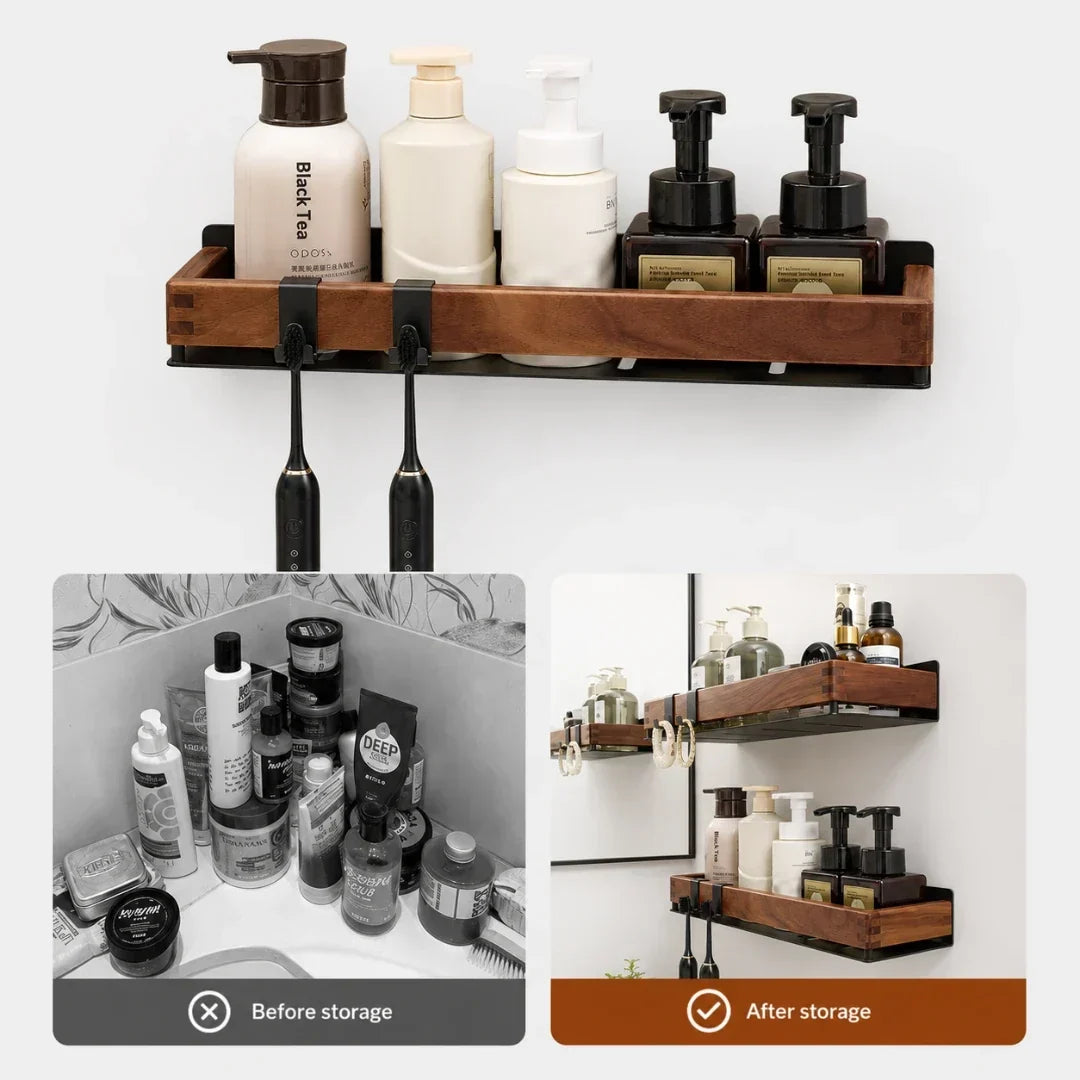 Solid Wood Wall Shelf with Two Hooks