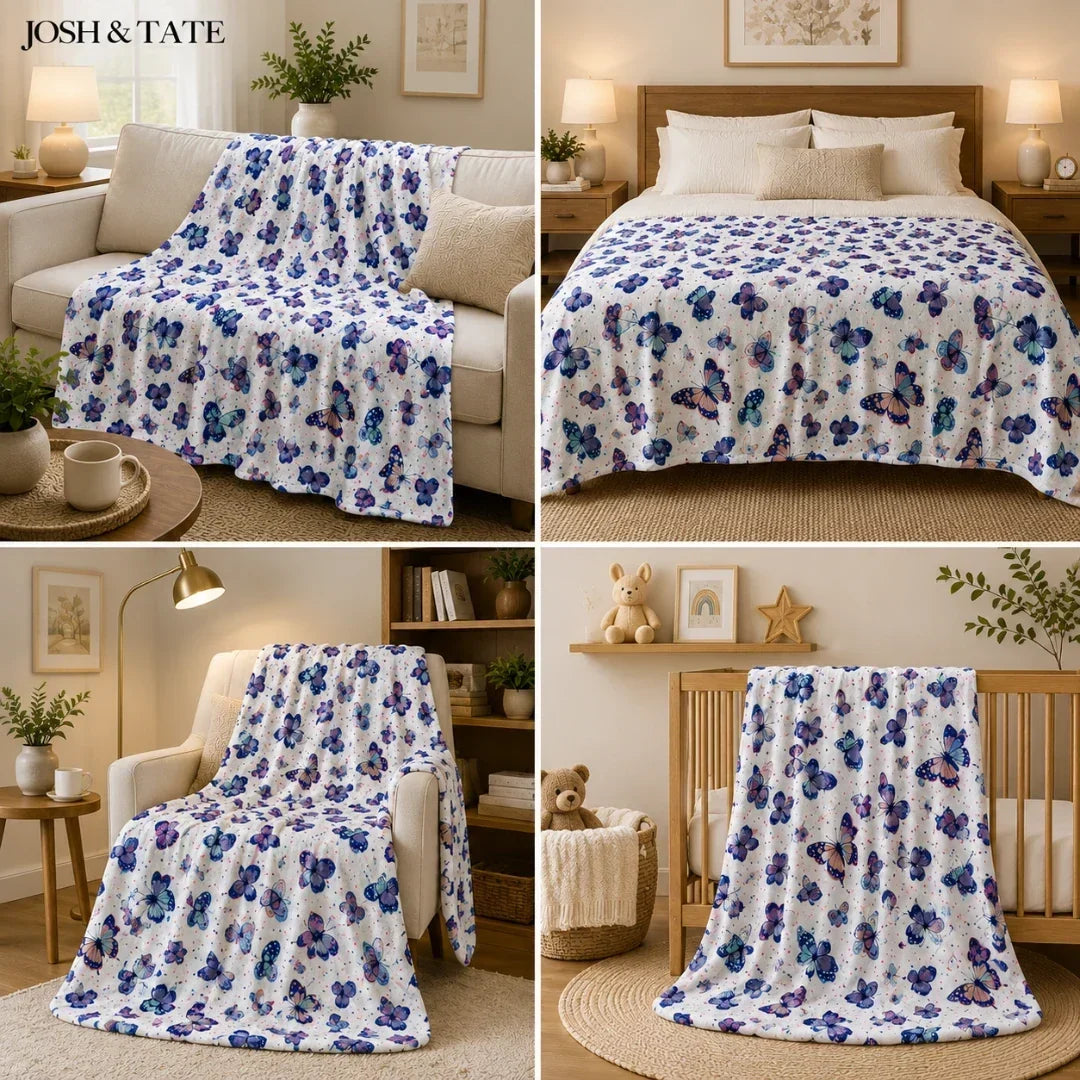 Purple Butterfly Print Throw Blanket, 130 × 150 cm