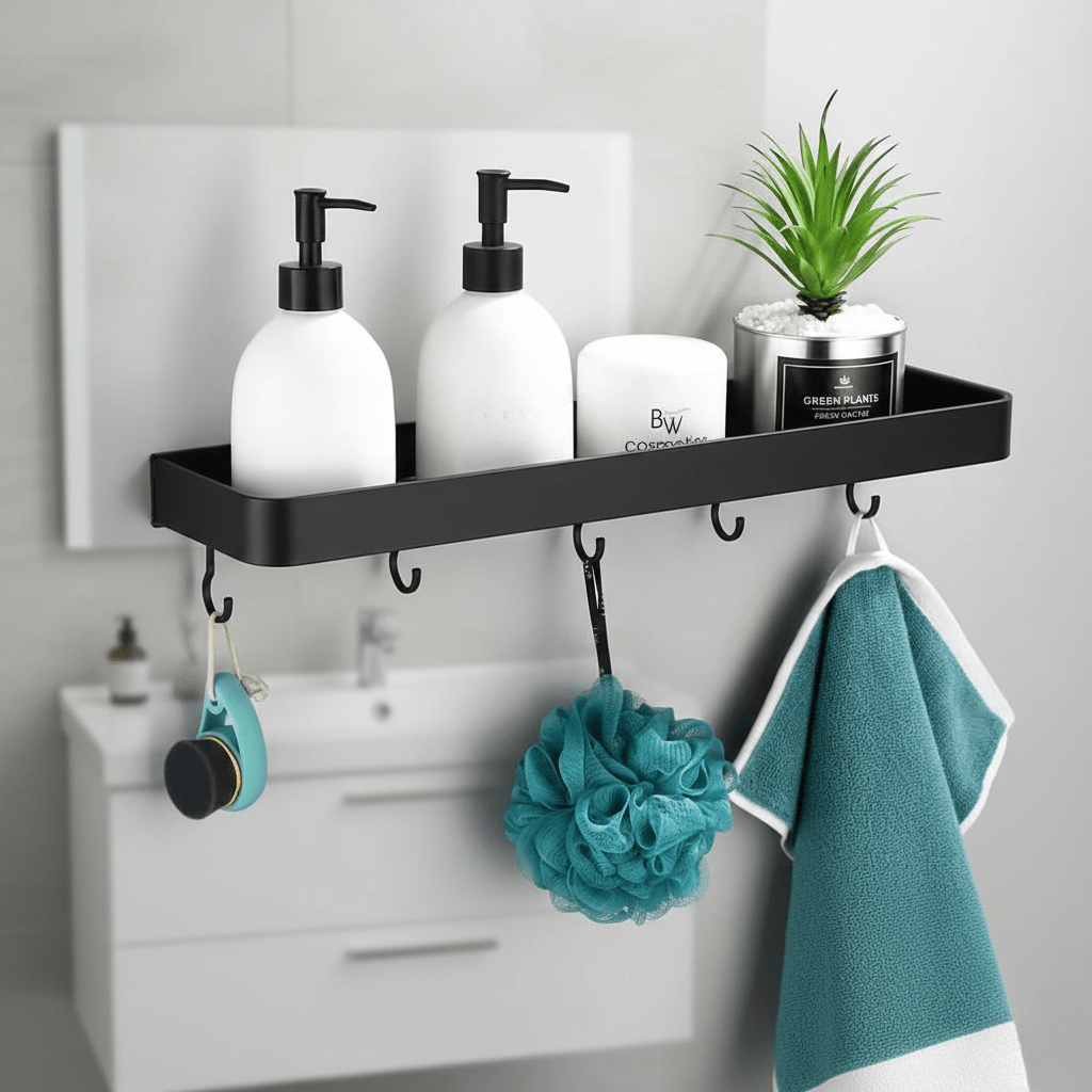Aluminum Bathroom Shelf with Towel Bar and Hooks