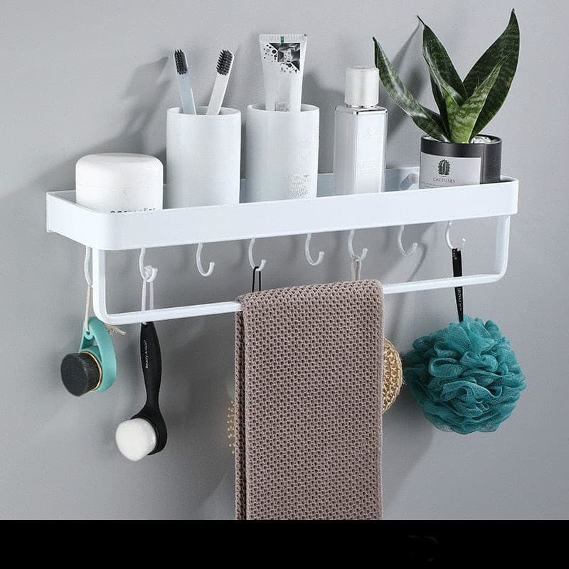 Aluminum Bathroom Shelf with Towel Bar and Hooks