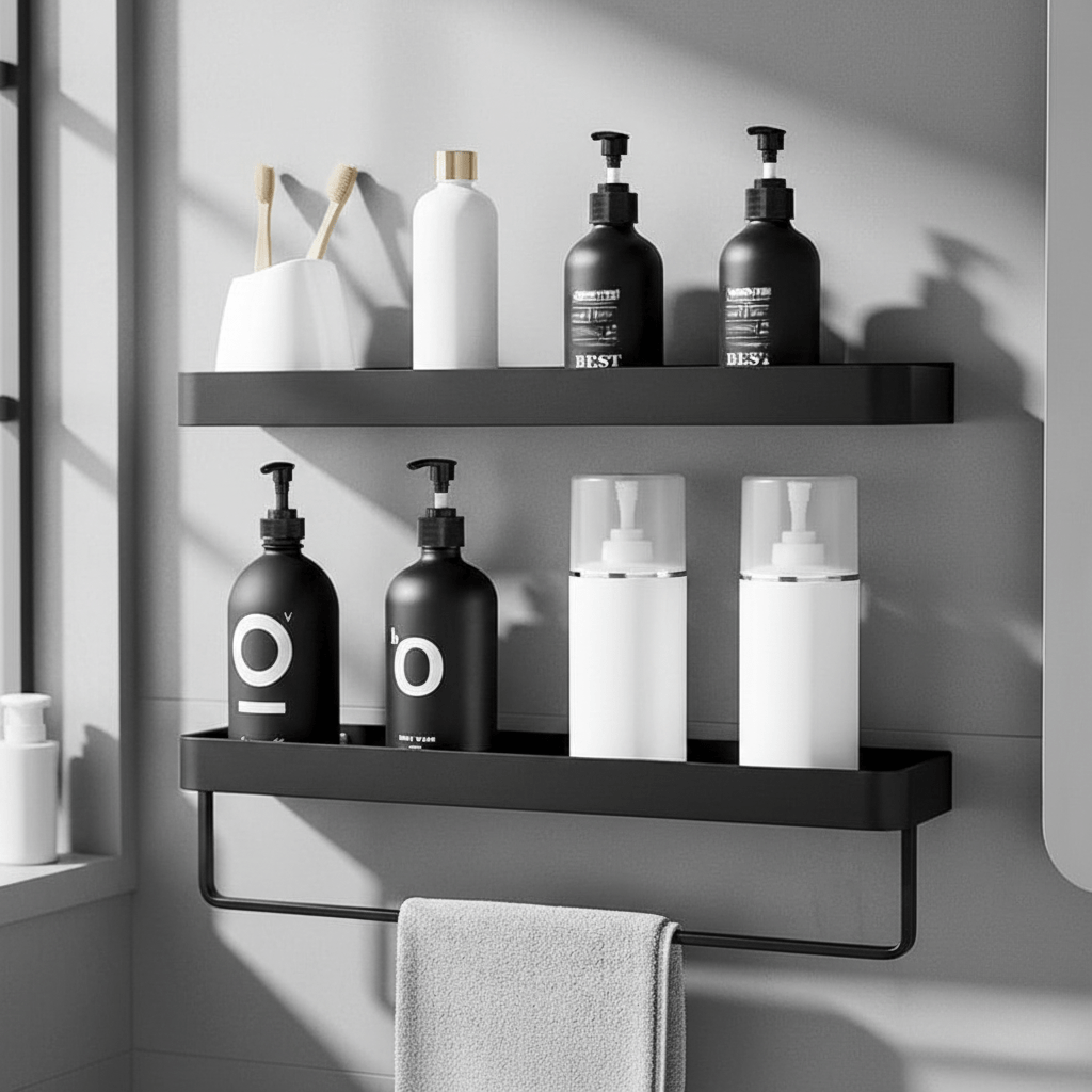 Aluminum Bathroom Shelf with Towel Bar and Hooks