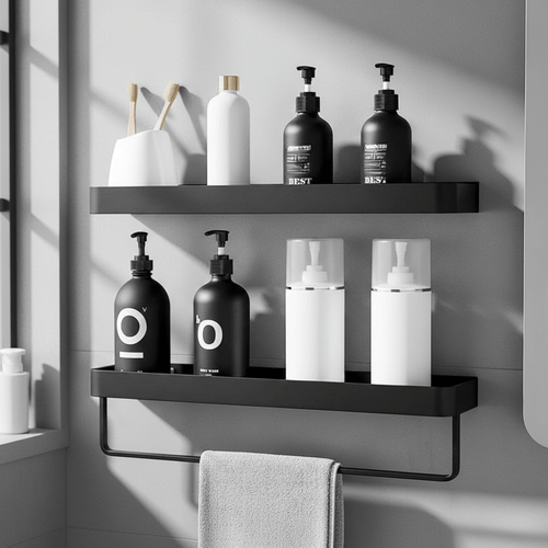 Aluminum Bathroom Shelf with Towel Bar and Hooks