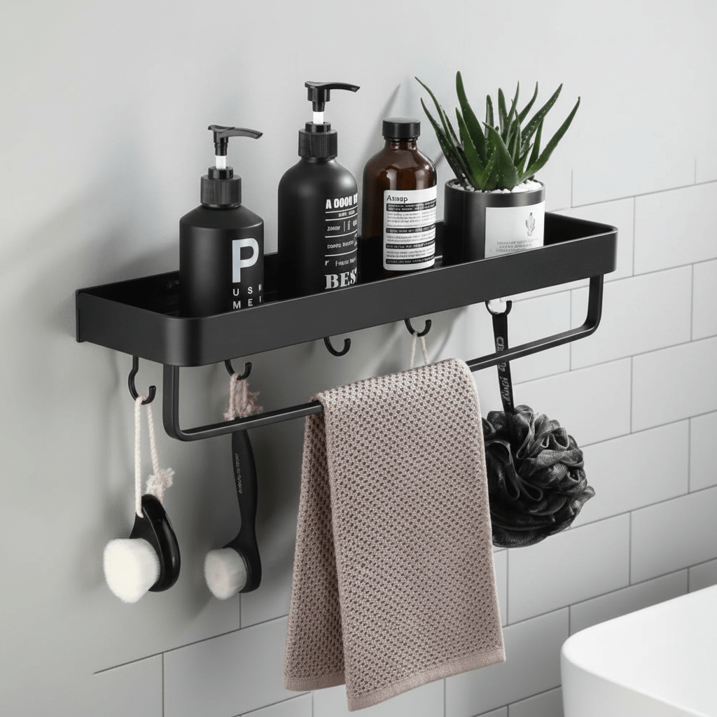 Aluminum Bathroom Shelf with Towel Bar and Hooks