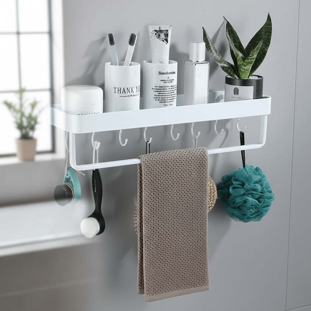 Aluminum Bathroom Shelf with Towel Bar and Hooks