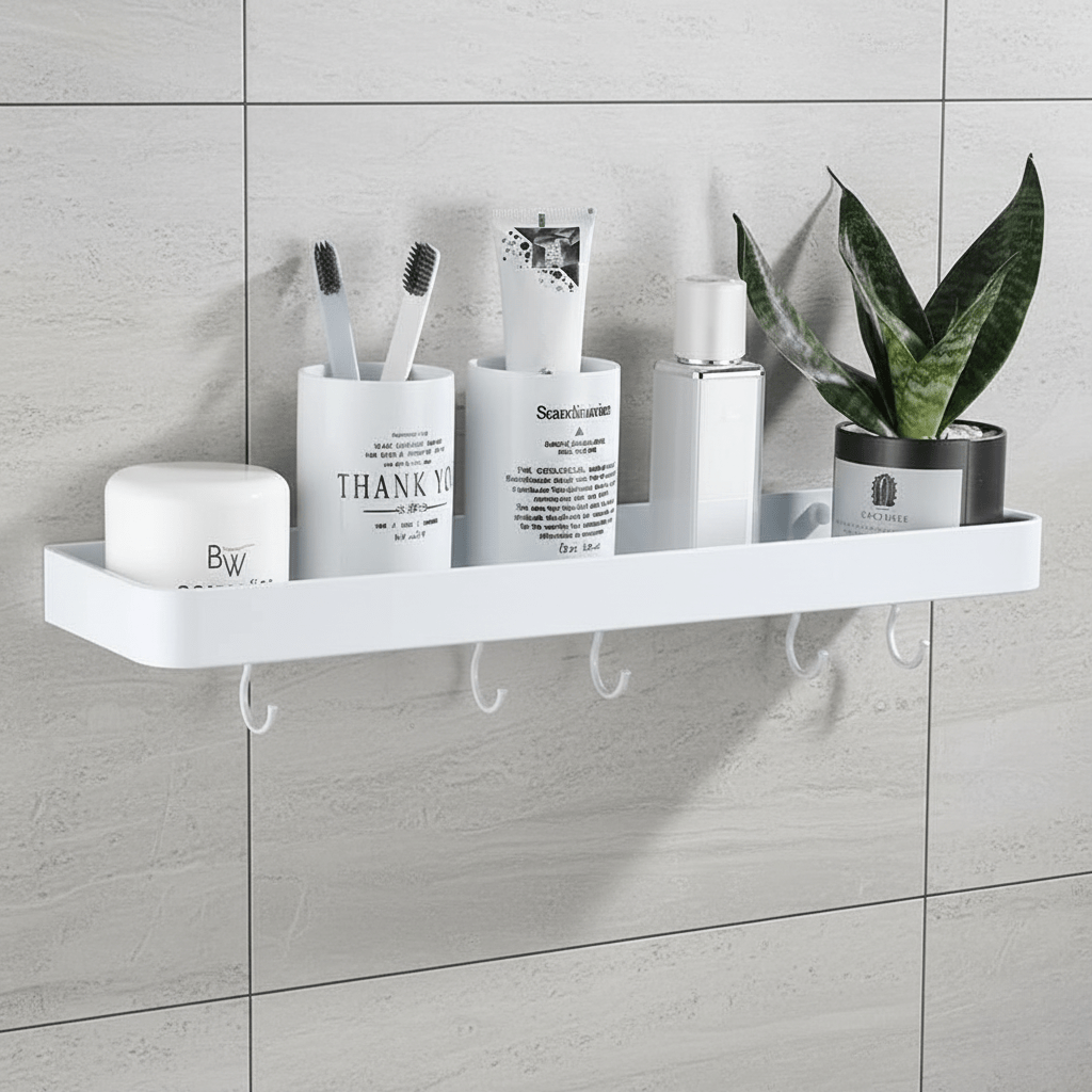 Aluminum Bathroom Shelf with Towel Bar and Hooks