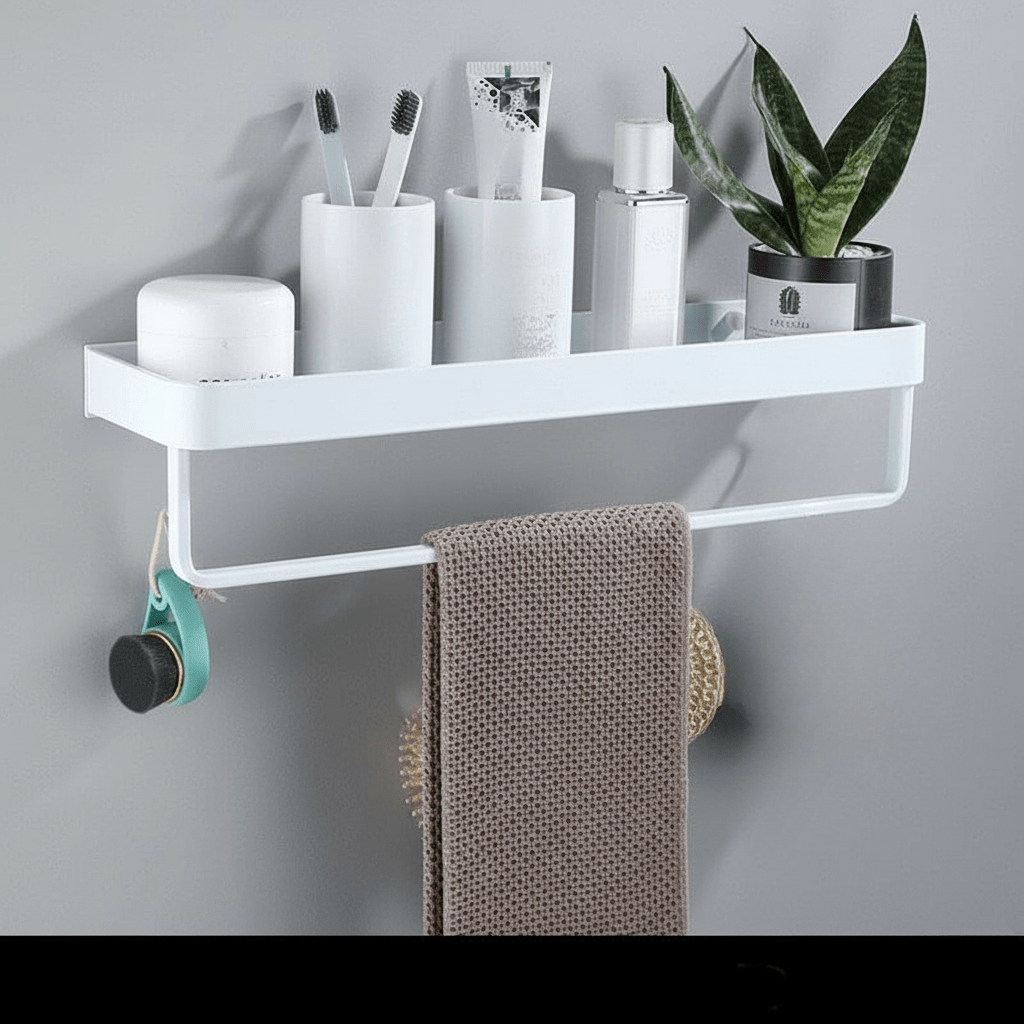 Aluminum Bathroom Shelf with Towel Bar and Hooks
