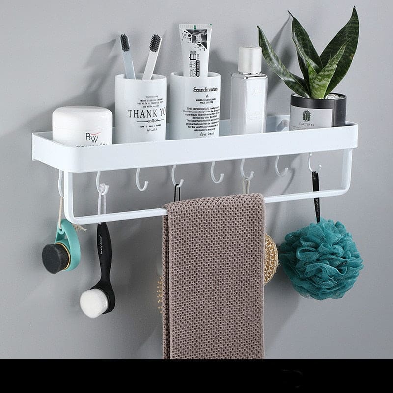 Aluminum Bathroom Shelf with Towel Bar and Hooks