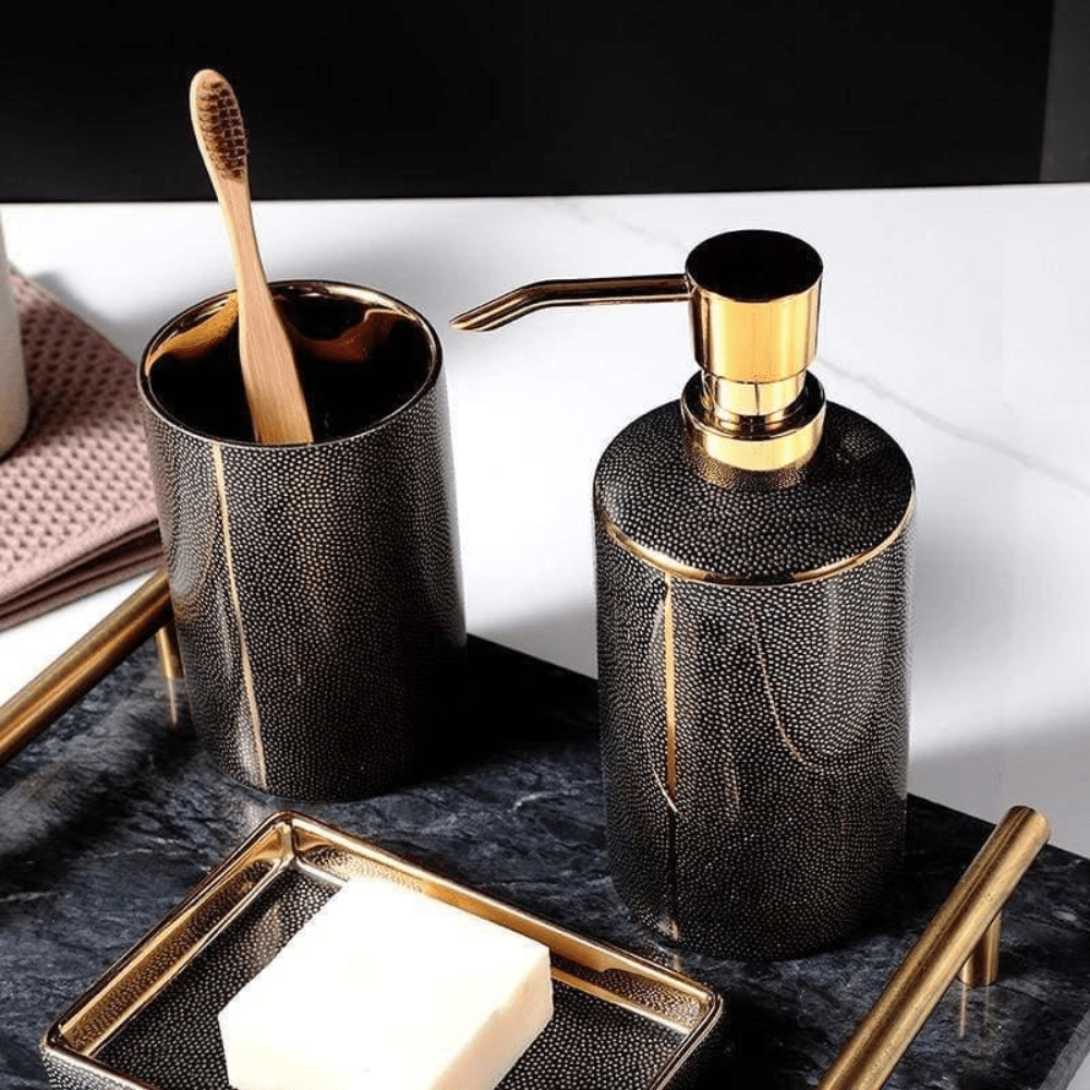 Ceramic Bathroom Accessories with Gold-Tone Accents