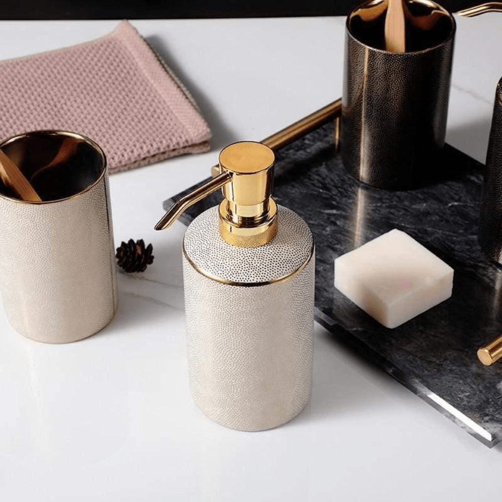 Ceramic Bathroom Accessories with Gold-Tone Accents