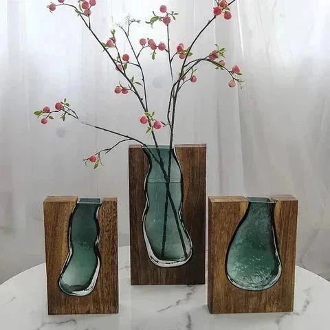 Wood and Tinted Glass Vase in Two Heights