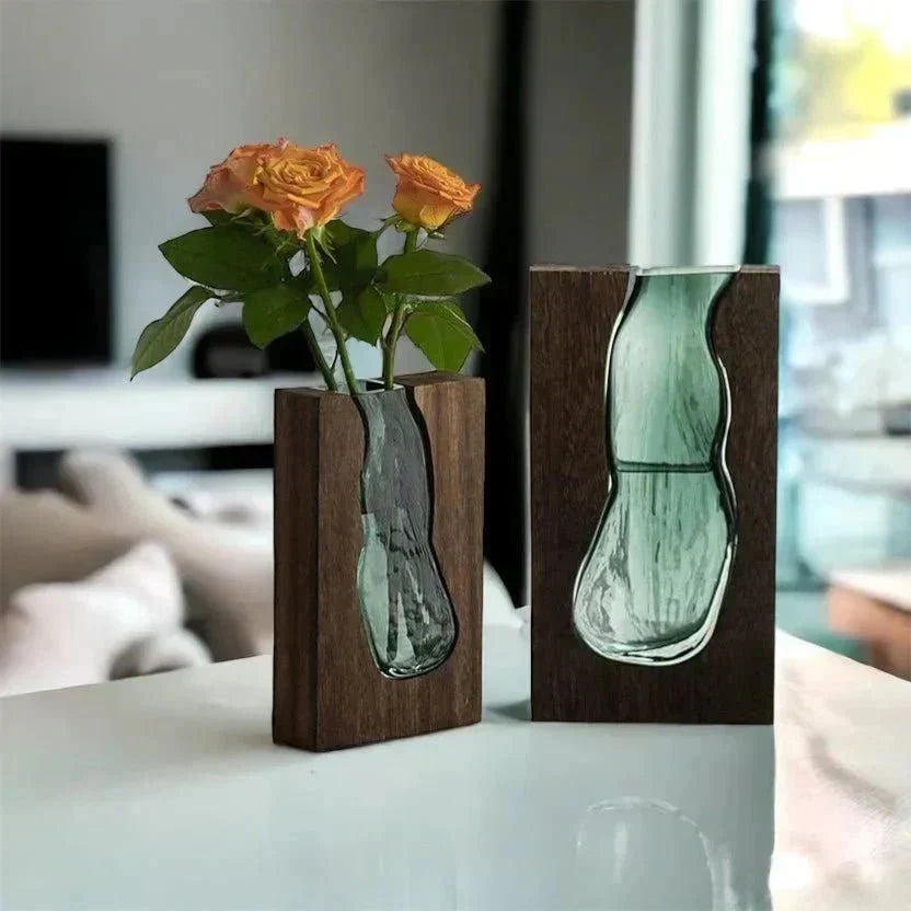 Wood and Tinted Glass Vase in Two Heights
