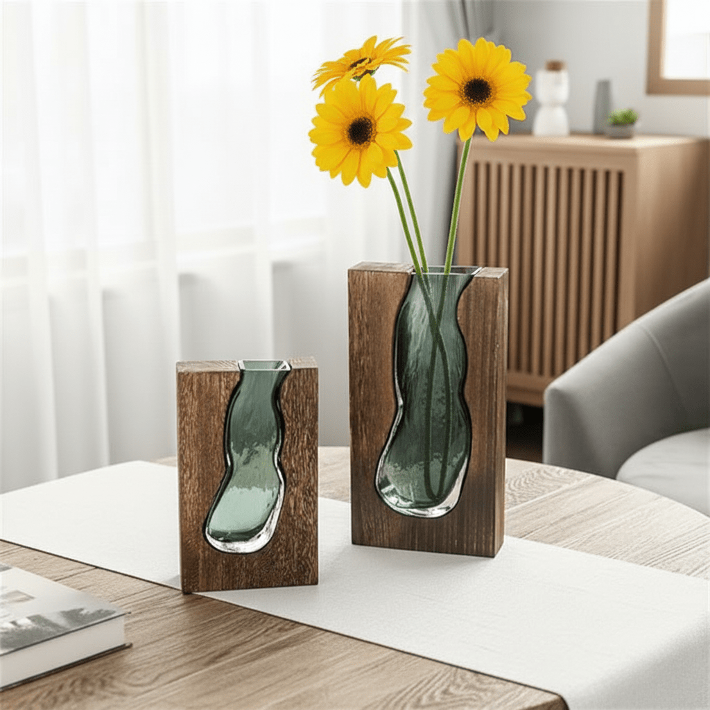 Wood and Tinted Glass Vase in Two Heights