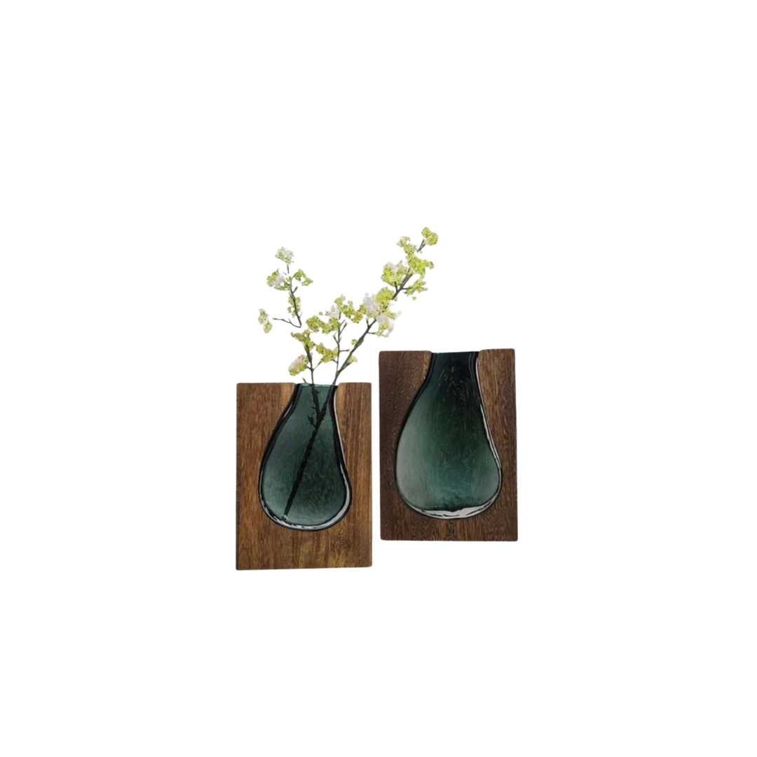 Wood and Tinted Glass Vase in Two Heights