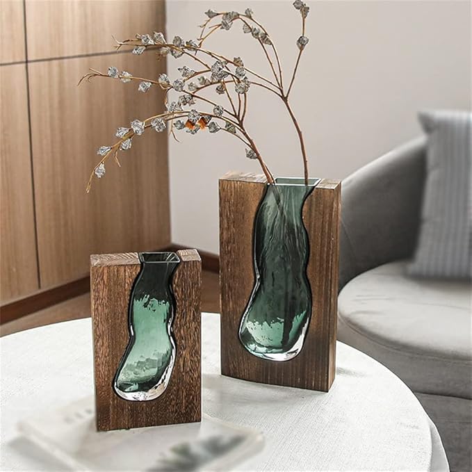 Wood and Tinted Glass Vase in Two Heights
