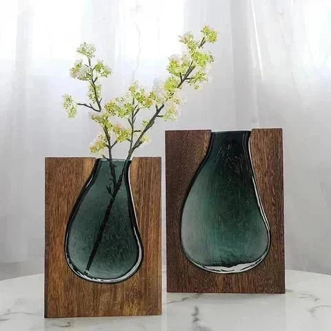 Wood and Tinted Glass Vase in Two Heights