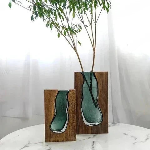 Wood and Tinted Glass Vase in Two Heights