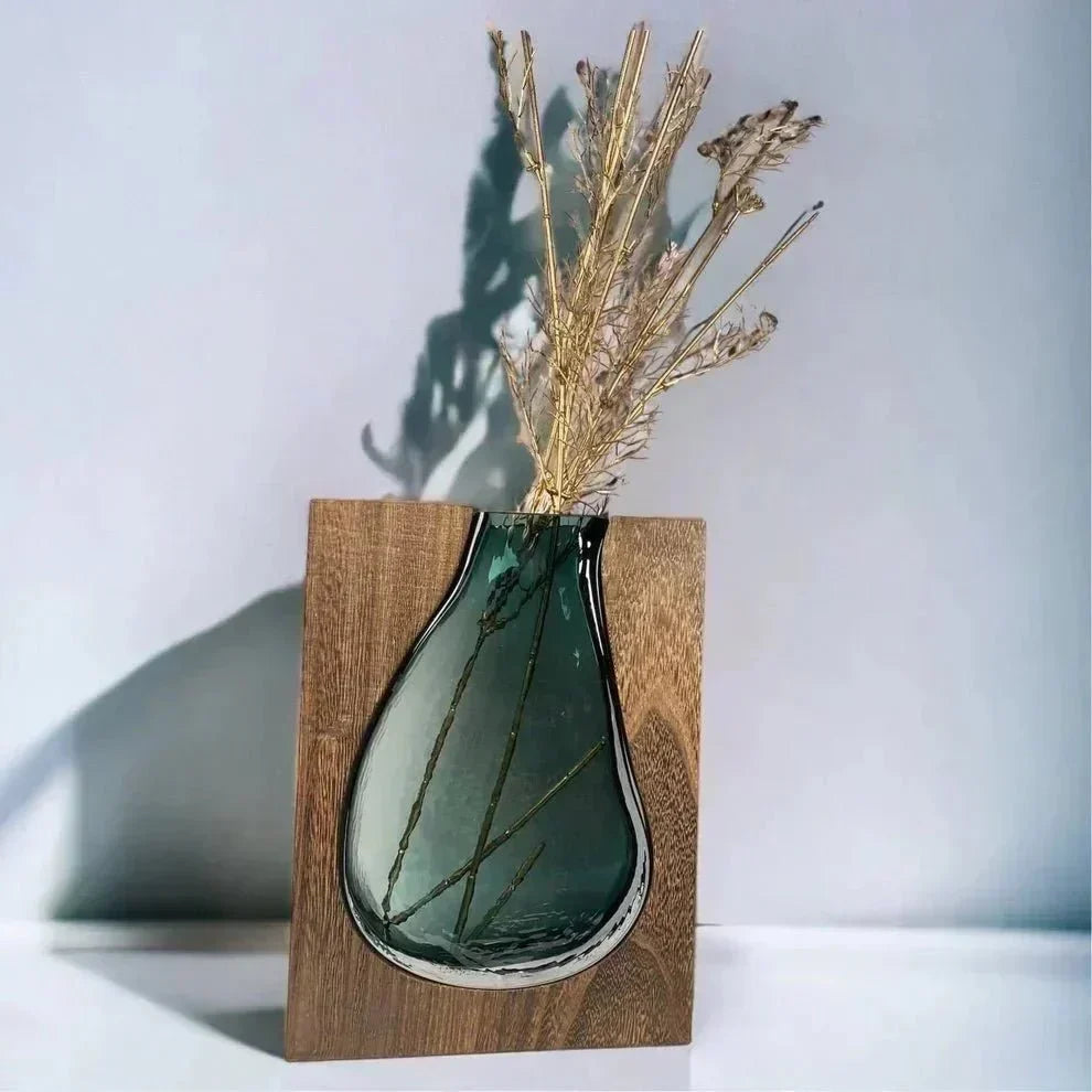 Wood and Tinted Glass Vase in Two Heights