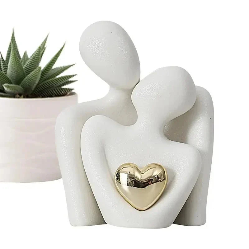 Ceramic Couple Sculpture with Gold Heart - Set of 2