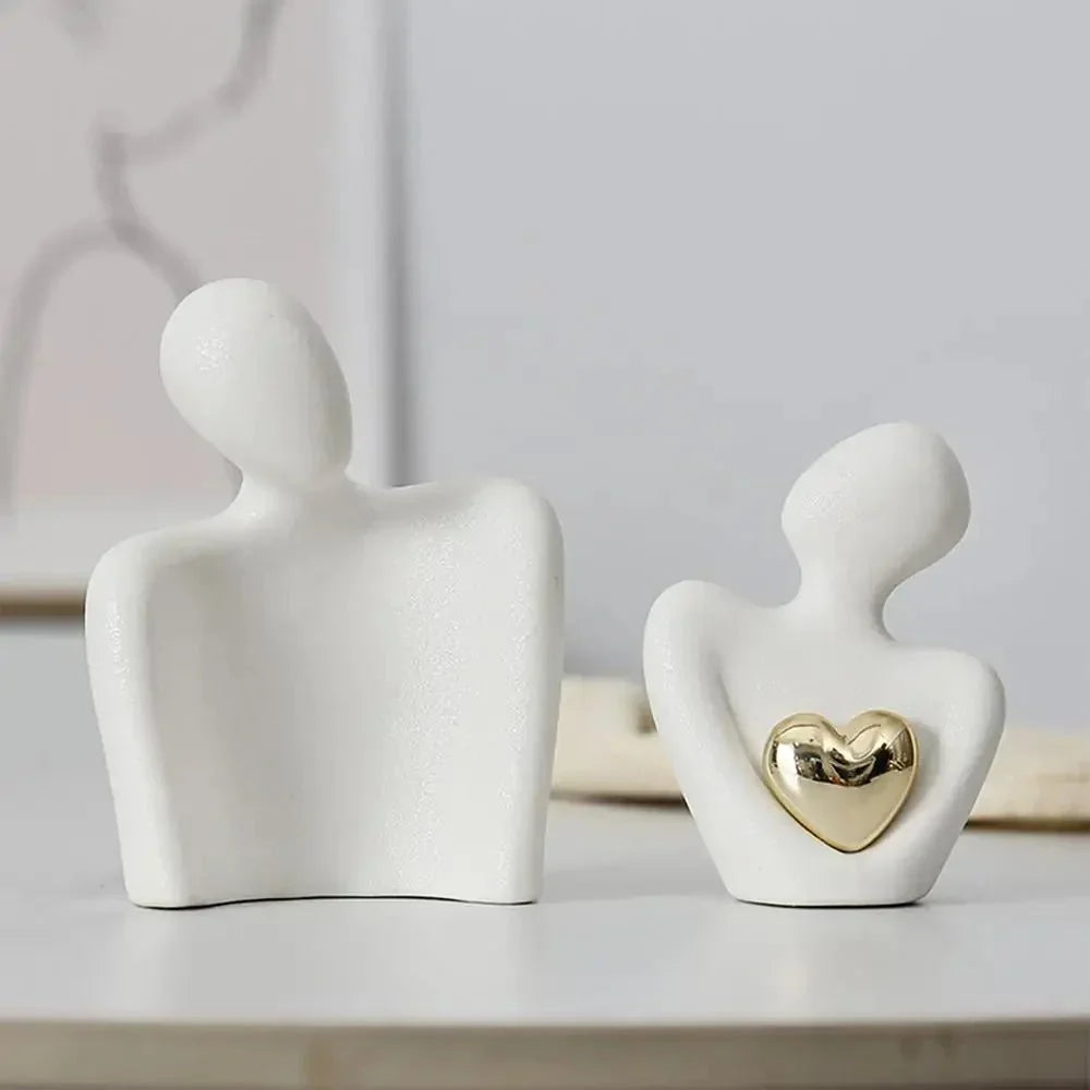 Ceramic Couple Sculpture with Gold Heart - Set of 2