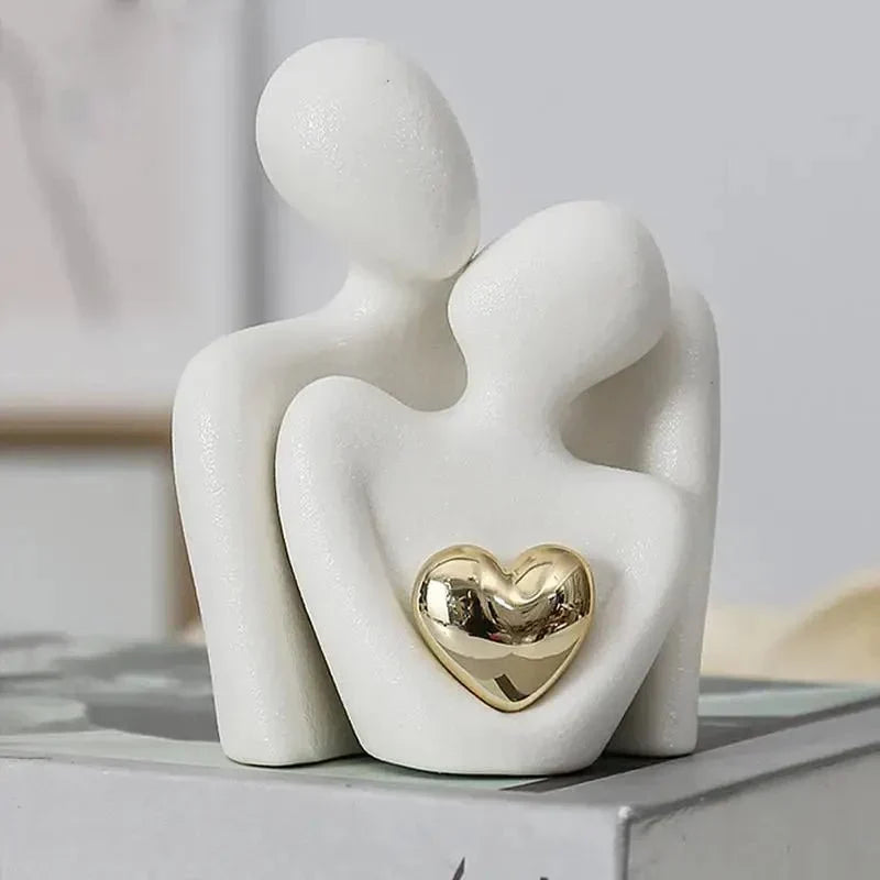 Ceramic Couple Sculpture with Gold Heart - Set of 2
