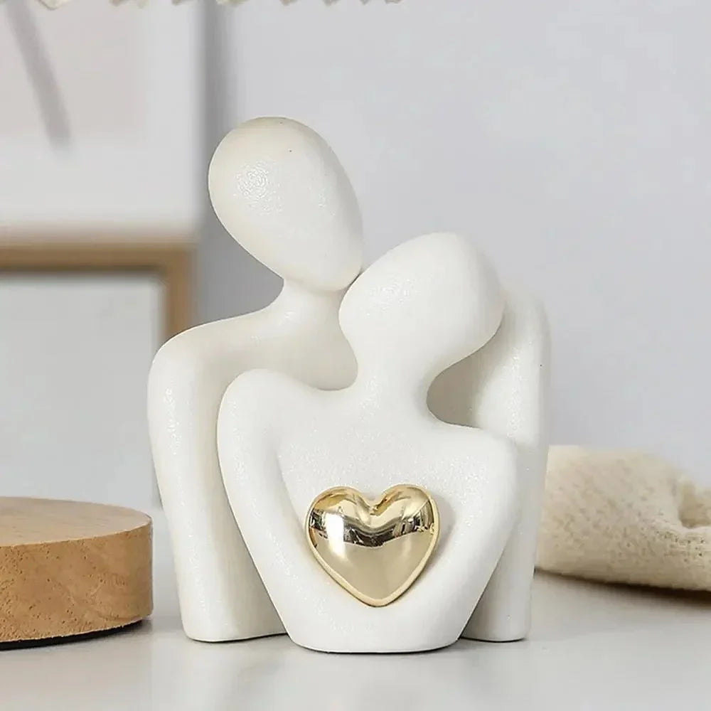 Ceramic Couple Sculpture with Gold Heart - Set of 2