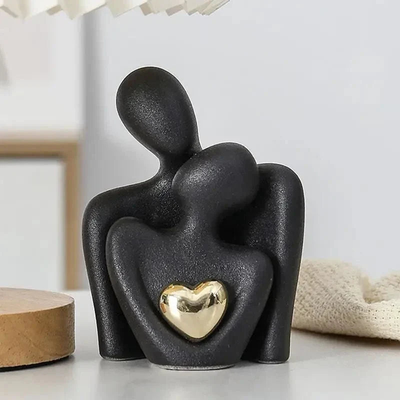 Ceramic Couple Sculpture with Gold Heart - Set of 2