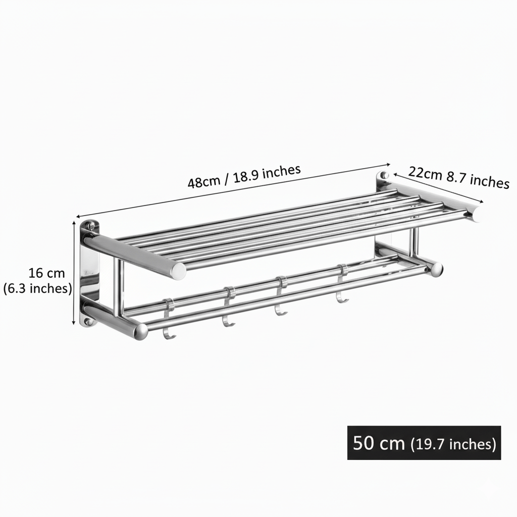 Stainless Steel Towel Rail with Shelf and Hooks