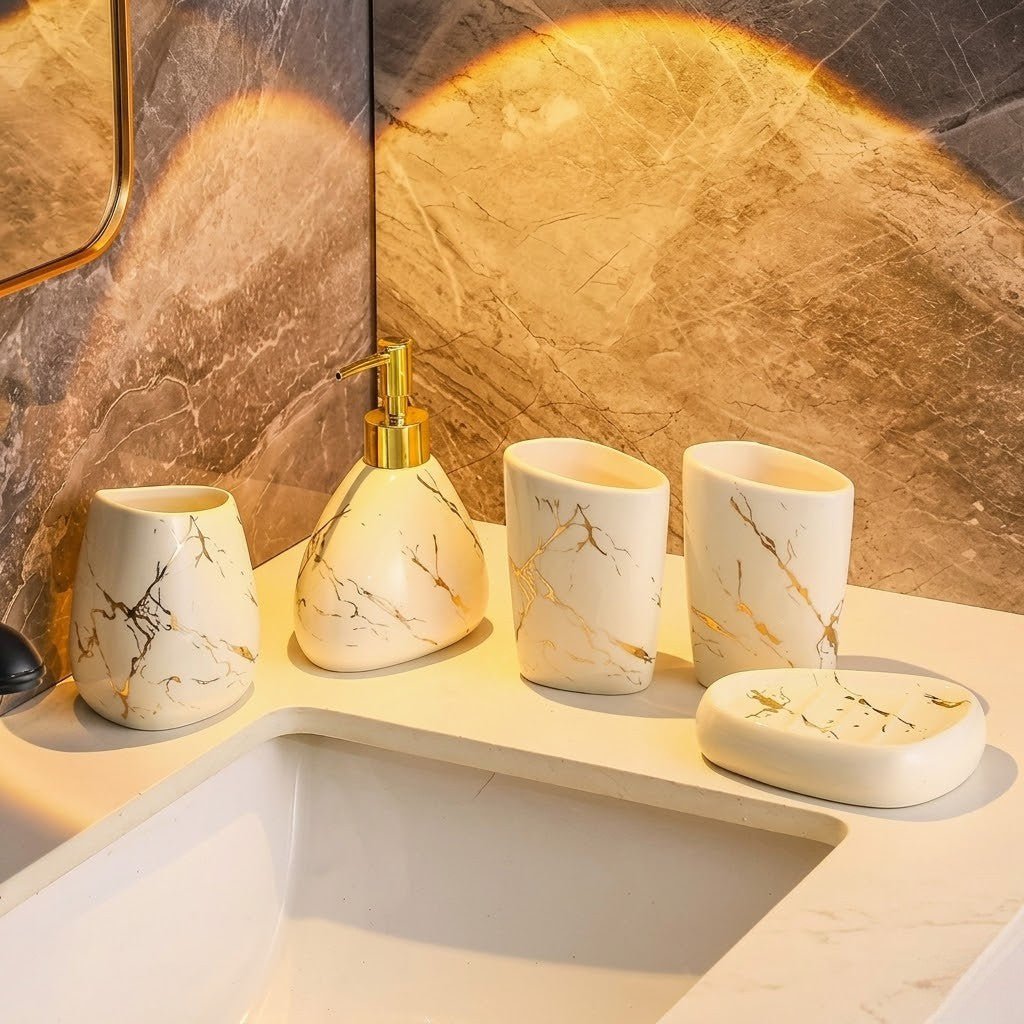 Marble-Effect Ceramic Bathroom Accessory Set