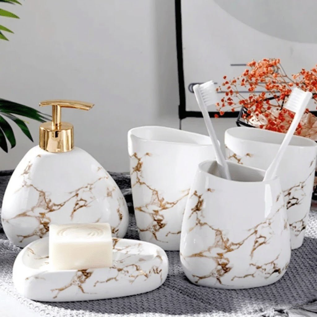 Marble-Effect Ceramic Bathroom Accessory Set