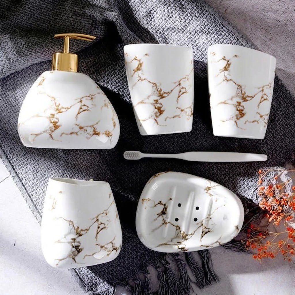 Marble-Effect Ceramic Bathroom Accessory Set