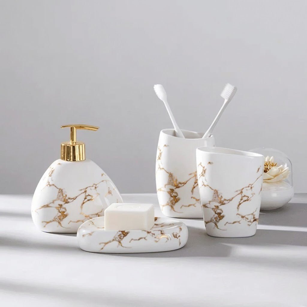Marble-Effect Ceramic Bathroom Accessory Set